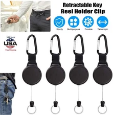 4× Black Retractable Key Tool Reel Holder Steel Clip Chain Belt Heavy Duty Split