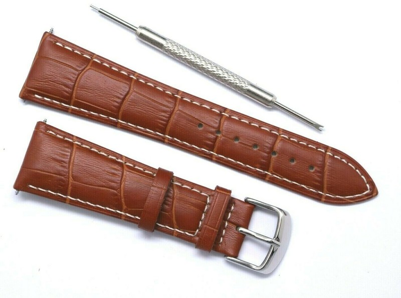 23mm Brown/White Crocodile Grain Leather Watch Band With Spring Bar Remover Tool