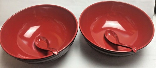 RED & BLACK 2 X MELAMINE LARGE CHINESE ASIAN DINNER BOWLS 22 CM DIA +2 SPOONS - Foto 6 di 7