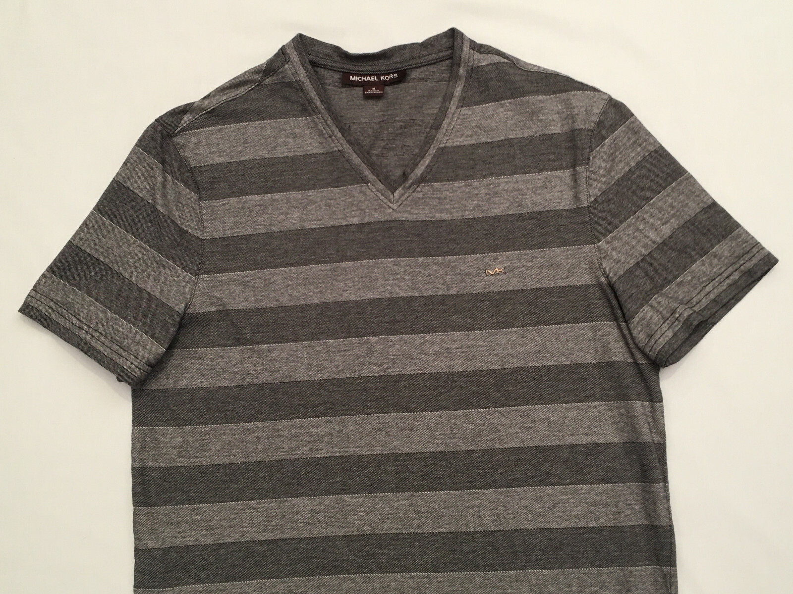 Michael Kors Men's Two-Tone Gray Striped V-Neck S/S Pullover Cotton Shirt Size M
