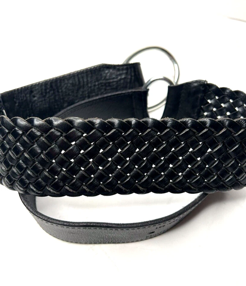 Ralph Lauren Ecuestre Cuero Negro Trenzado Cinturón Plata Anillos Hebillas Talla M Foto 4 de 4