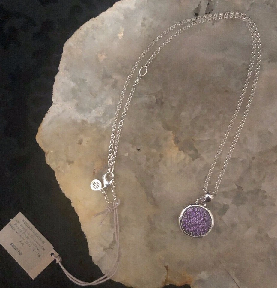 💕 Collar Colgante Redondo JOHN HARDY Diseño Bambú Esterlina Pavé Amatista Nuevo con Etiquetas Foto 3 de 4