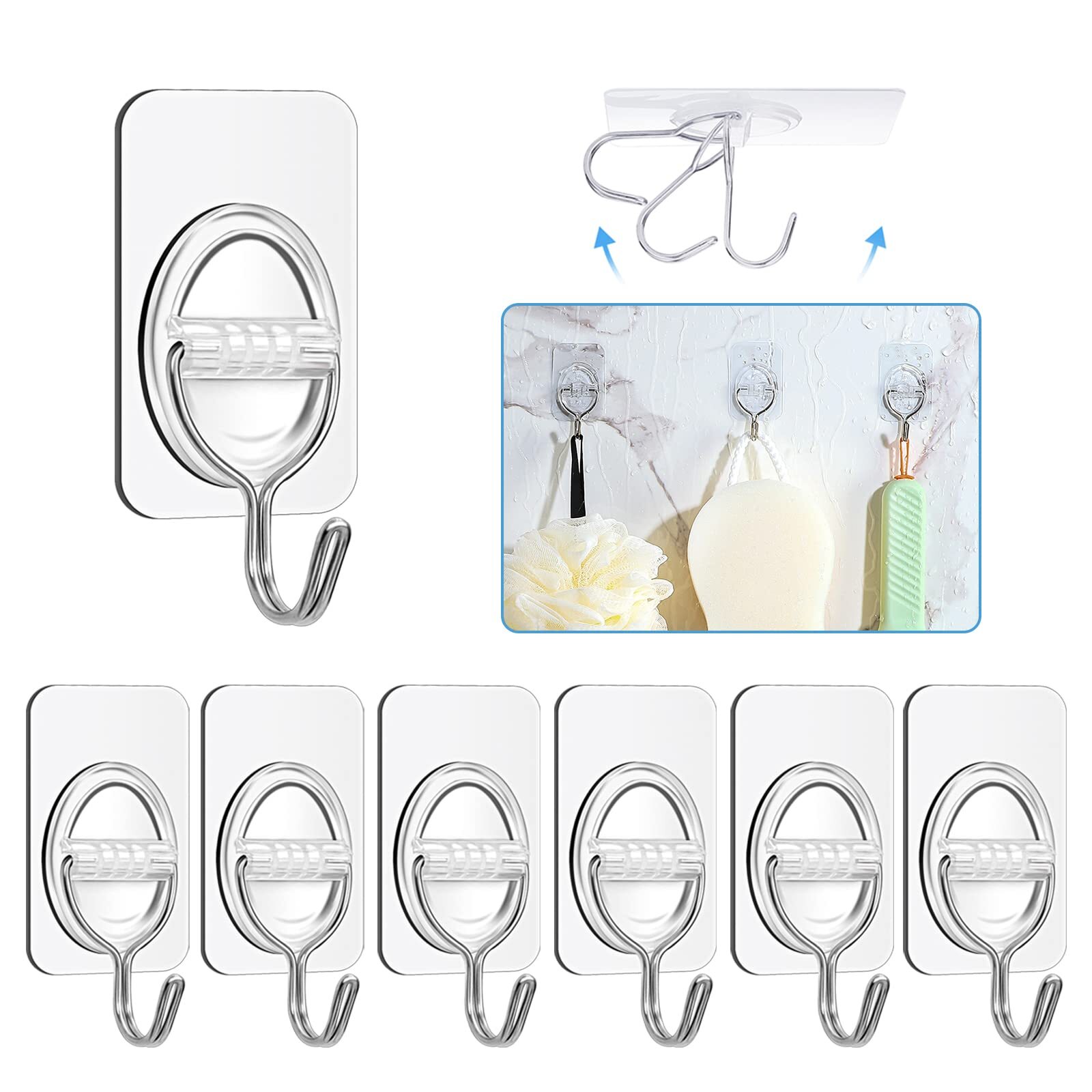 Wall-Hooks Adhesive-Hooks for Hanging - 6-Hooks 4.4 lbs, Sticky Clear Hooks, ...