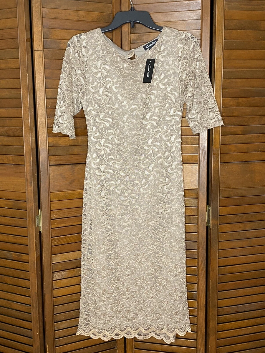 Candalite Light Brown Sparkly 3 4 Sleeve Lace Dress Womens Small