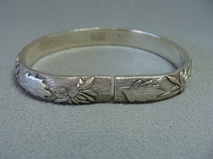 Antique Chinese Export Silver Carved Relief Flower Leaf Design Signed Bracelet