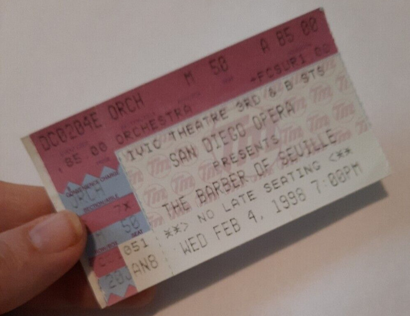 San Diego Opera: The Barber of Seville (Feb. 4, 1998, Civic Theatre) Ticket Stub