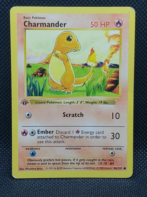 Pokemon Charmander 46/102 1st Edition Base Set Shadowless Card 1999