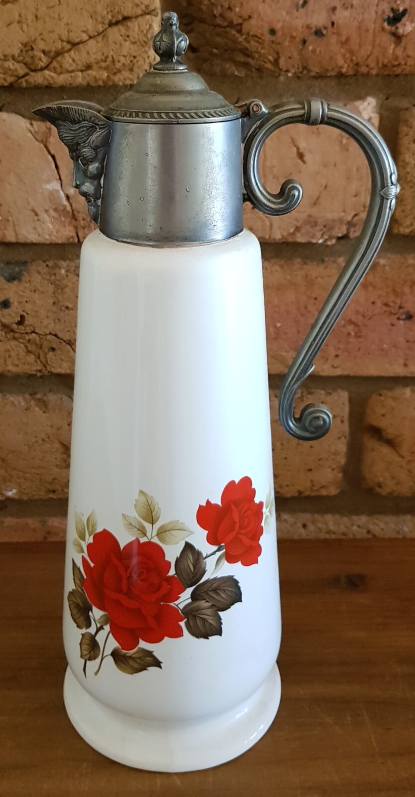 Vintage Wade Ceramic Decanter Jug Silver Pl Lid Handle White Red Floral
