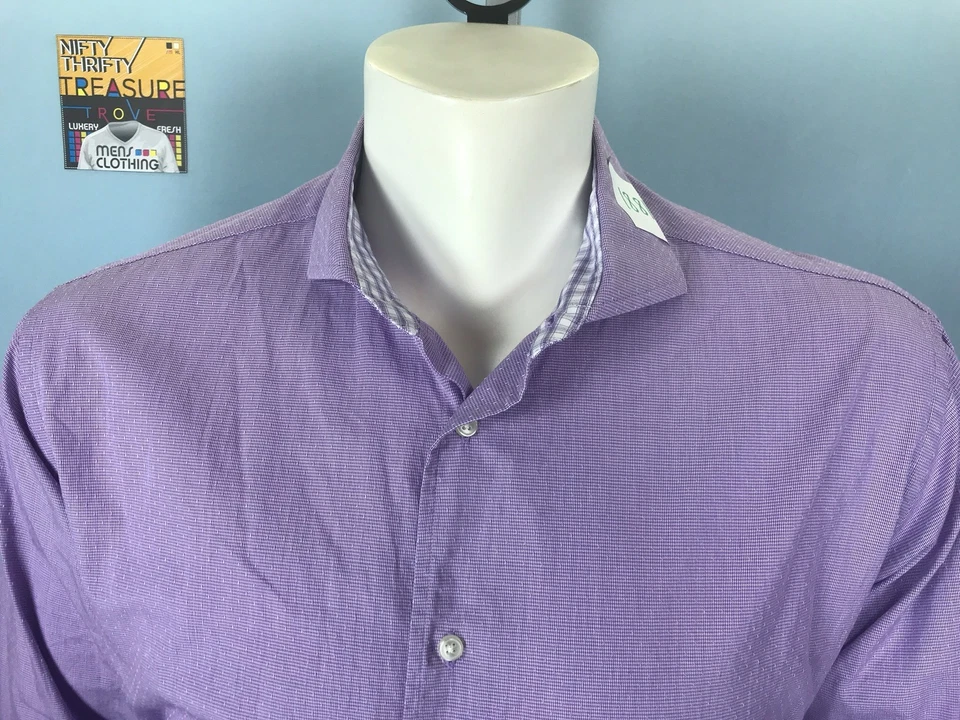Camisa Para Hombres Isaac Mizrahi 17 XL 34/35 Calce Ajustado Púrpura Sólida Pata de Gallo Puño Abatible Foto 2 de 4