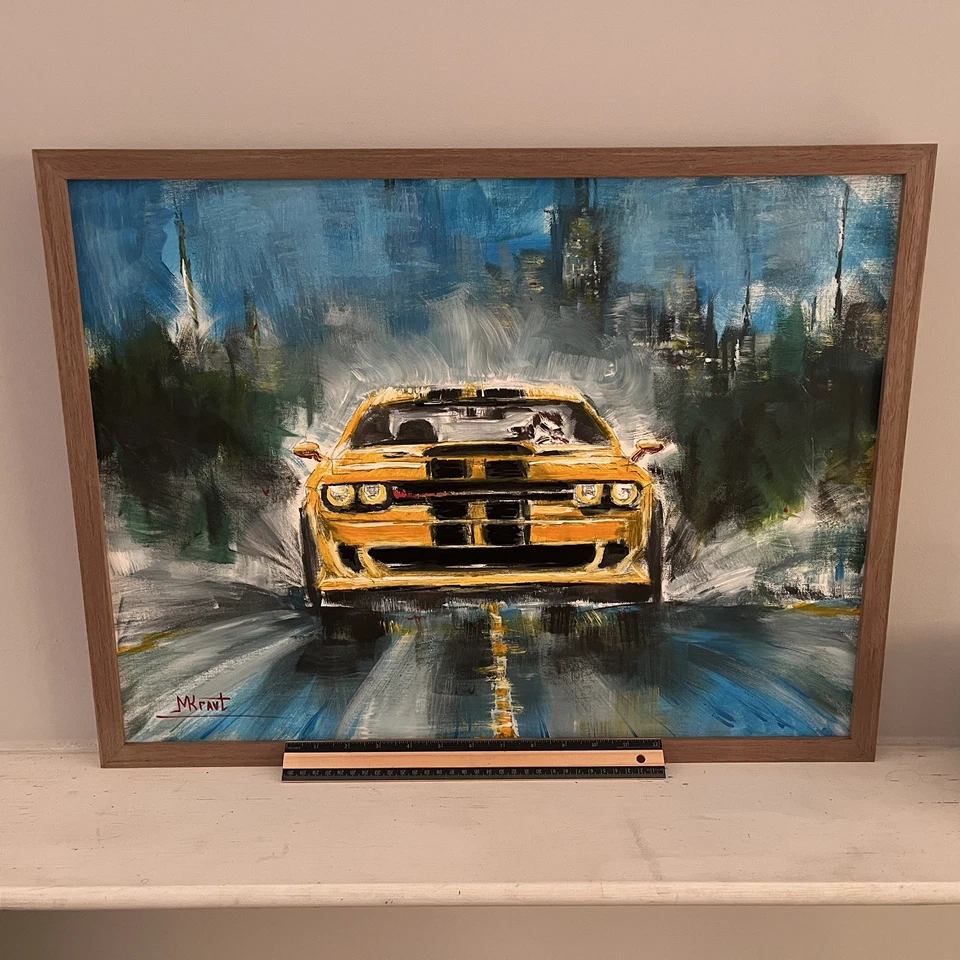 Pintura Original Amarillo Dodge Challenger Muscle Race Car Auto Automotriz Arte Enmarcado Foto 3 de 4