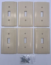 6 Uniline 1950s Art Deco Ribbed Lines Ivory Bakelite Switch Plate Wall Cover MCM