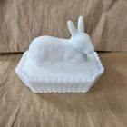 Vtg Westmoreland Milk Glass Bunny Rabbit On Nest Covered Dish