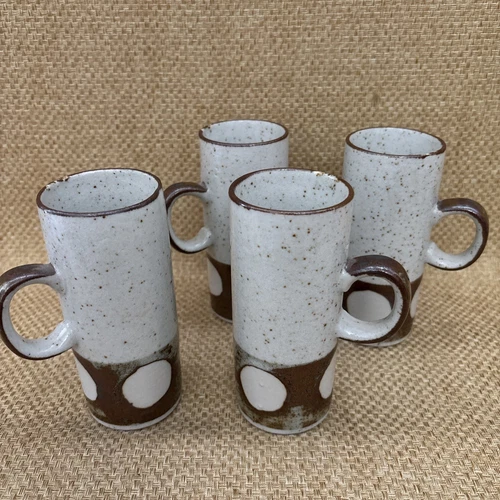 Set Lot 4 Vtg Otagiri Mugs Cups Coffee Tea MCM Stoneware Pottery Brown Dots Japa