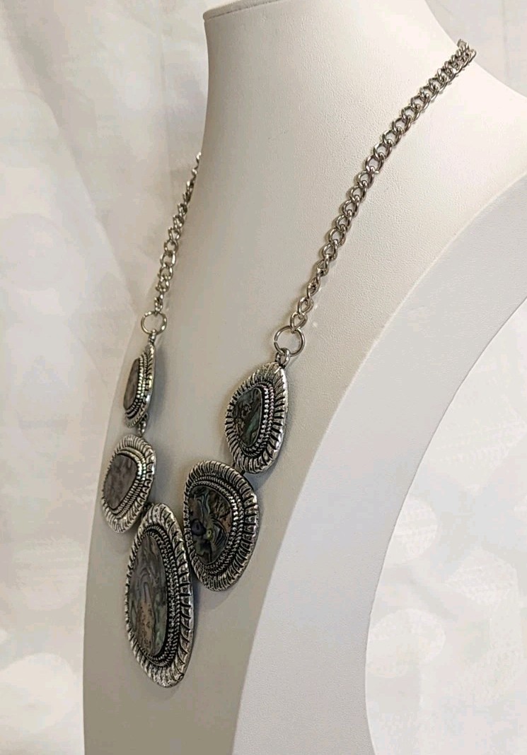 Abalone Shell Statement Necklace Silver Tone Bib … - image 3