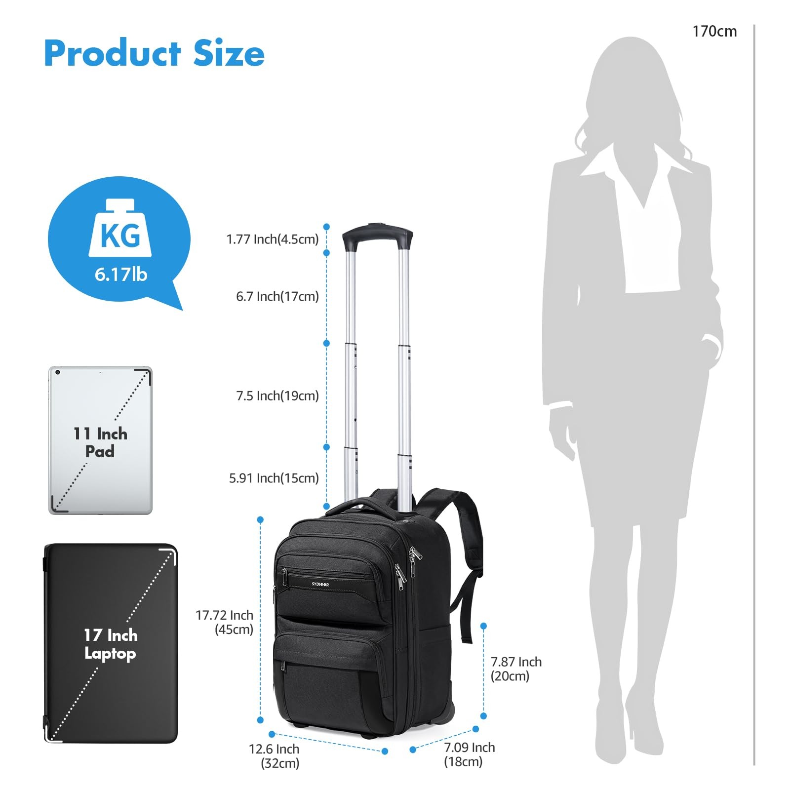 Rolling Backpack, 17.7inch Rolling Backpack With … - image 2