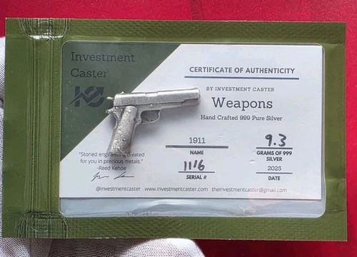 Investment Caster - Colt 1911 Hand Gun - 9.3 Gram .999 Fine Silver Bar COA