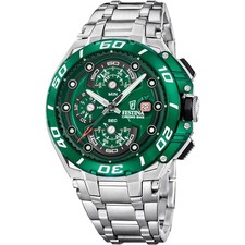 Festina F207545 Mens Silver Stainless Steel Green Analog Dial Quartz Watch 46 mm