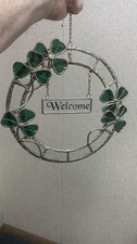 Vintage Stained Glass Green Shamrocks 9  Round Irish Welcome Wreath