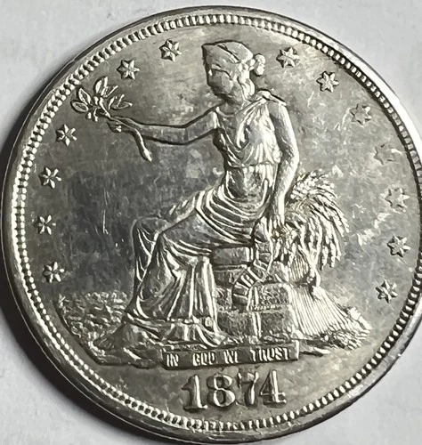 1874 Trade Dollar $1 – AU Details – Strong Detail – Silver Coin