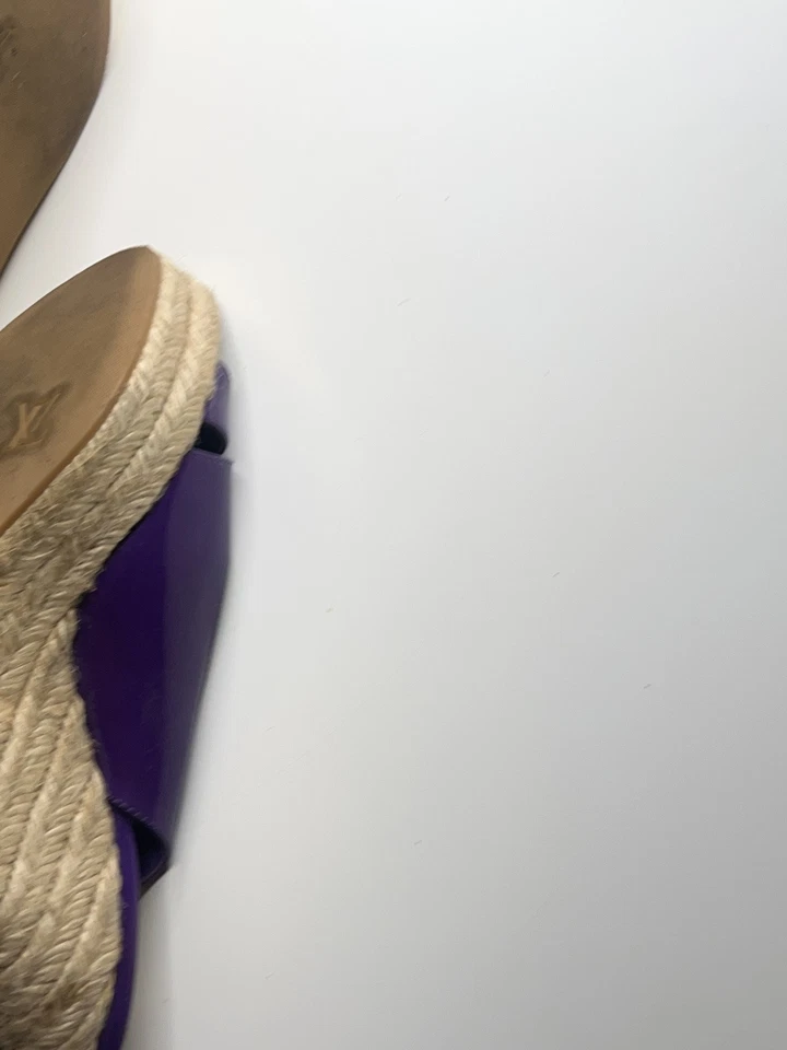 LOUIS VUITTON Patent Leather Floral Embellished Espadrille Purple Wedges SZ 7.5  - Image 3 of 4