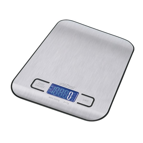 Báscula de cocina digital, acero inoxidable, pantalla LCD, precisión 1g, hasta 5 kg MPM MWK