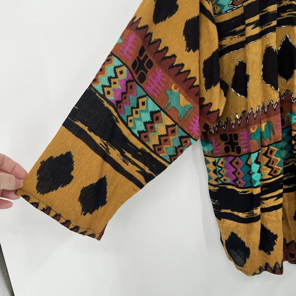 Blusa Top de Gasa Jane Ashley De Colección Botón Mangas 3/4 Cuentas Ropa Artística Azteca Occidental Foto 4 de 4