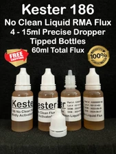 60ml / 2oz KESTER 186 NO CLEAN LIQUID RMA FLUX PRECISE DRIP CONTROL TIP BOTTLES
