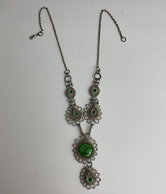 Antique Silesia Iron Wirework Necklace Green Czech Glass Selesian 12  Bohemian
