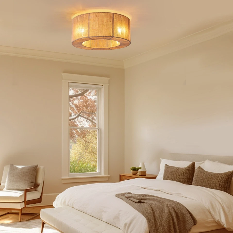 Ventilador de techo de ratán boho de 18" con luz y ventilador de techo de montaje empotrado remoto Foto 2 de 4