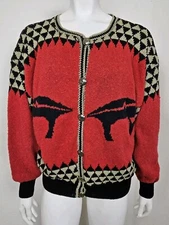 VTG Felizzi Womens Sweater Size Large Button Front Red Black Gray Hand Loomed