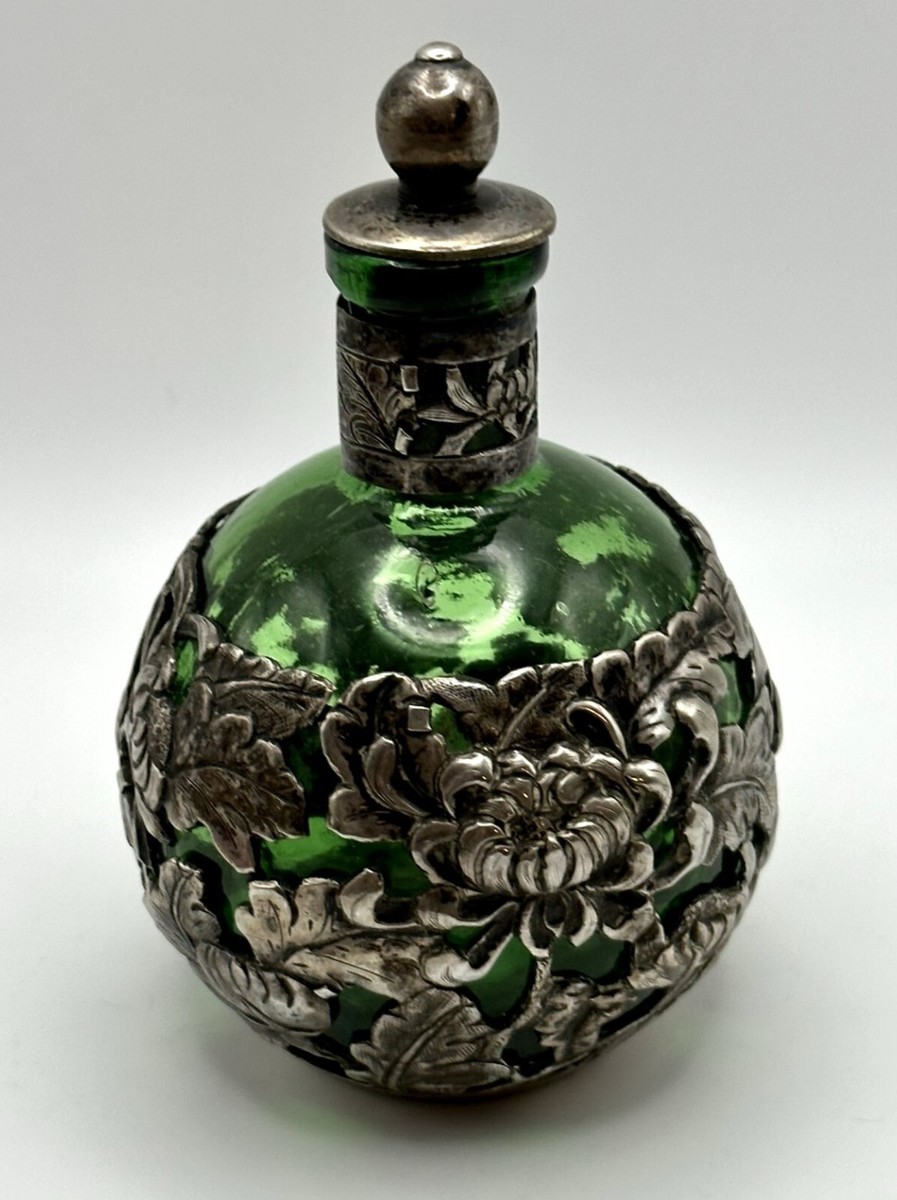 Antique Chinese Silver Overlay Green Glass Perfume Bottle 1875