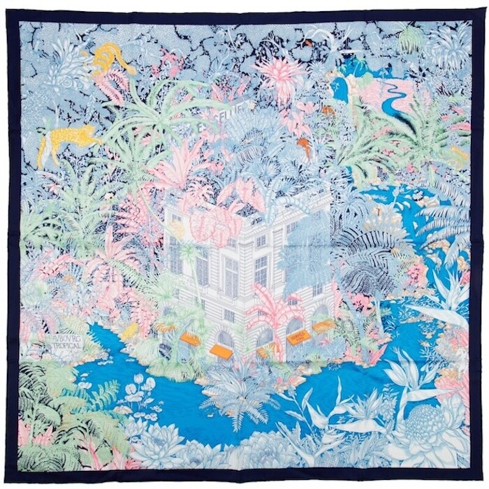 Hermes Scarf Stole Faubourg Tropical Blue Botanical Floral Silk