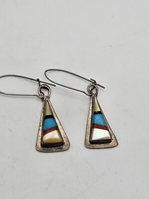 Vintage Native American Sterling Silver Stone Inlay MOP Dangle Earrings
