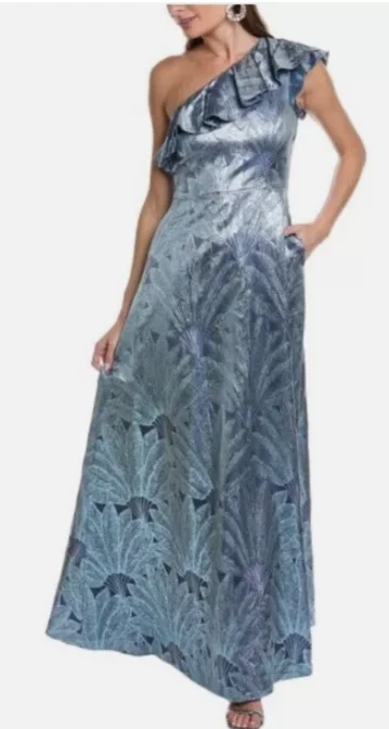 Vestido maxi Aidan Mattox novo com etiquetas ardósia azul floral babado um ombro tamanho 8 - Imagem 2 de 4