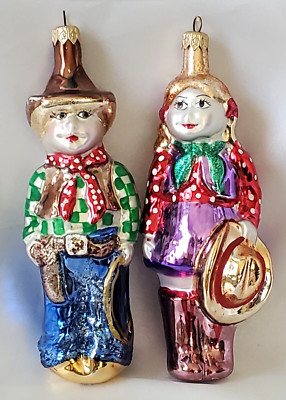 VTG TARON COLLECTION COWBOY & GIRL BUSTER & BELLE- 7'' GLASS CHRISTMAS ORNAMENTS
