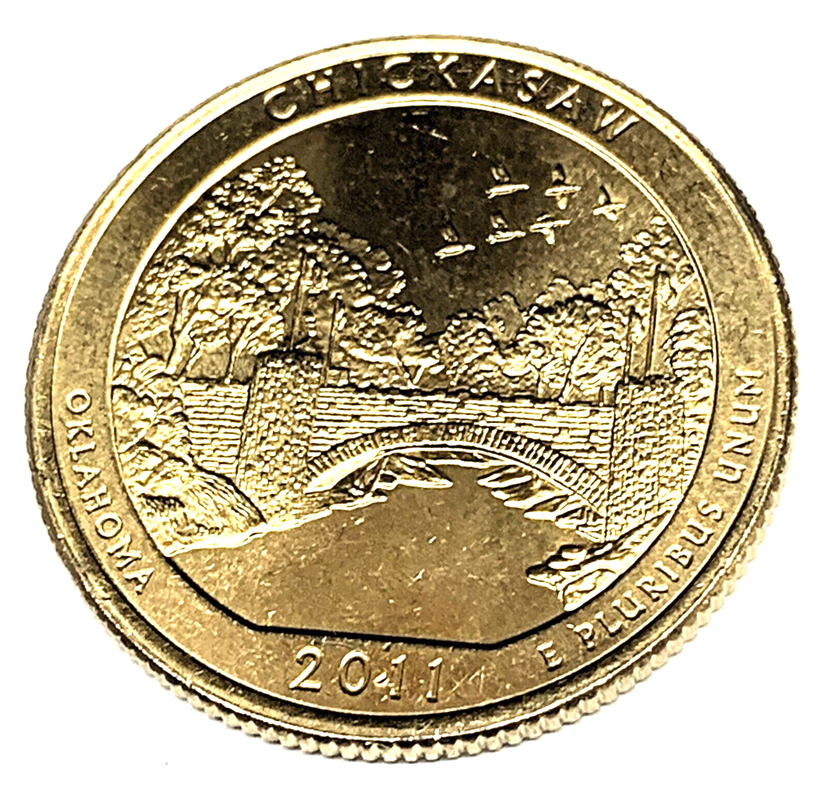 C1658 U.S. AM. BEAUTIFUL GOLD COLORED 25c COIN, CHICKASAW 2011-P