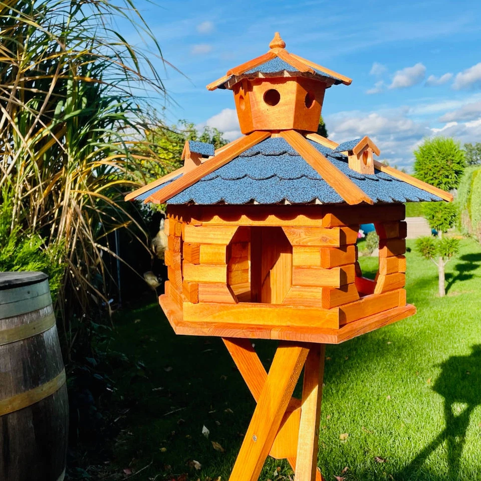 DARLUX Vogel Futter Haus XXL Futterstelle Sechseck Vogelhaus+ Ständer Braun/Blau - Bild 3 von 4