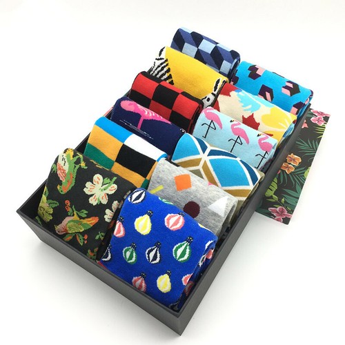 5 Pairs Mens Box Cotton Socks Lot Colorful Novelty Dress Crew Socks For