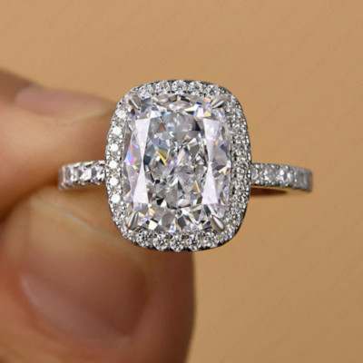 4,15 kt länglicher Kissen Moissanit Halo Verlobungsring 14 K Weißgold vergoldet