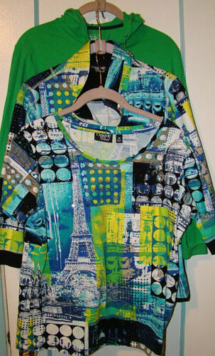 Onque Casual Paris Print Top & Jacket Set & Green 