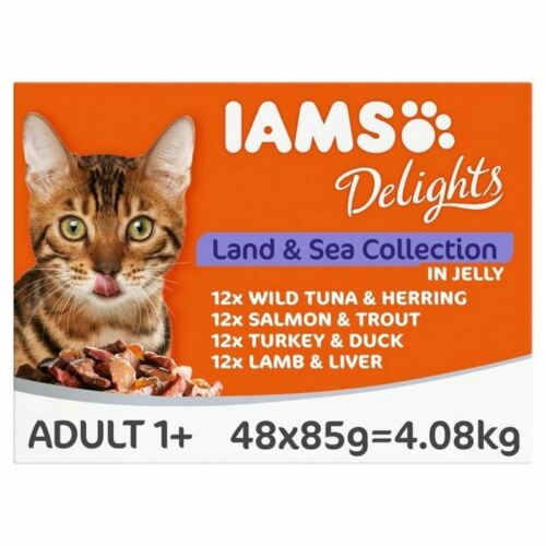 2x Iams Delights Cat Food Land& Sea Collection In Jelly Multibox 48 x 85g