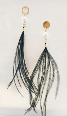 Long Black Feather Earrings Gold & Pearl Posts Large 7'' Long BoHo