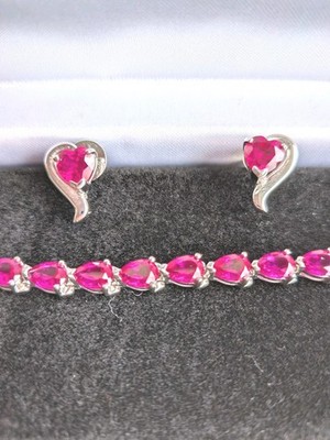 Simulated Stones Pink Ruby  Bracelet In Sterling Silver With Real Ruby Earrings 