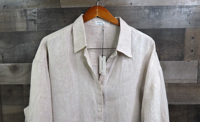 Babaton Shirt Womens Large Beige Linen Lily Button Front Roll Tab Tunic Top