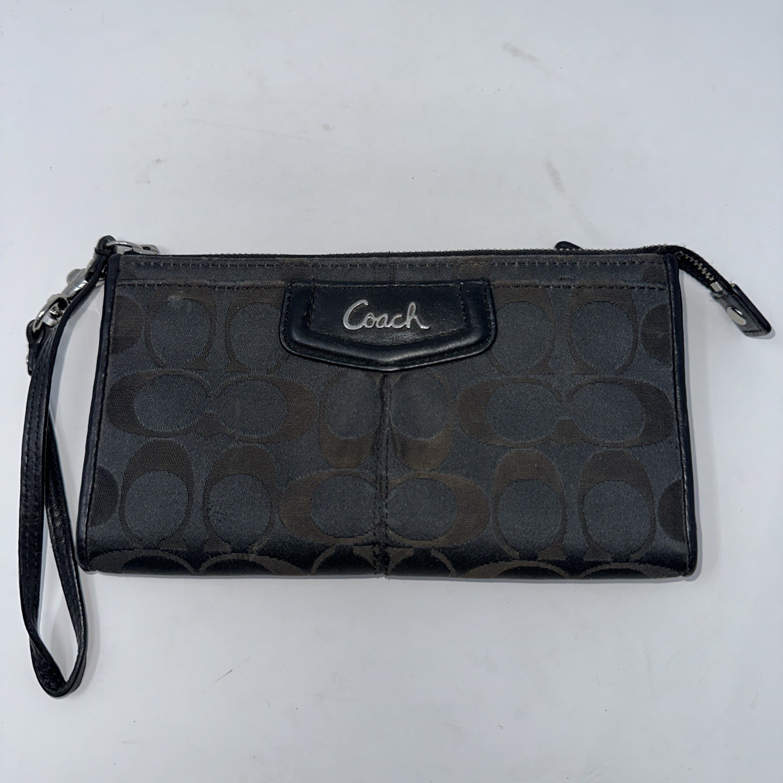 Coach Signature Wristlet Canvas & Leather Black Good Used Condition