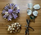 Vintage Costume Jewelry Brooch Lot 4 Flower Dragonfly Enamel Gold Tone Pins