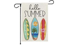 Hello Summer Beach Scene Burlap Garden Flag 12x18in-Doube Sided