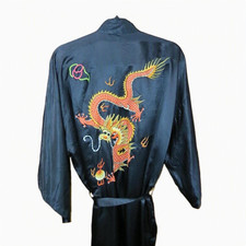 VTG Golden Dragon 100 Pure Silk Hand-Embroidered Kimono Robe Black 70/80s XL