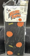 VTG Halloween Girls Tights Pumpkins JOL Trick Or Treat Flocked Black Sz 4-6 New