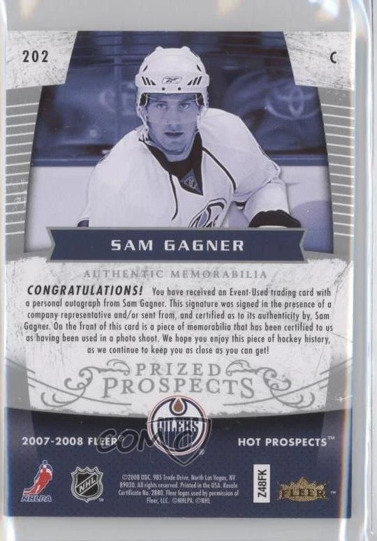 2007 Fleer Hot Prospects Prospect /399 Sam Gagner #202 RPA Rookie Patch Auto RC - Image 2 of 2